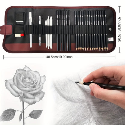 Professionele schetsset – 29/60-delig tekenpakket met grafiet, houtskool en blendingtools voor volwassen kunstenaars