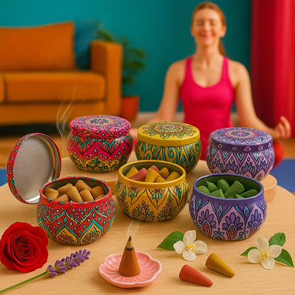 Wierookkegeltjes in IJzeren Kan – 100+ Stuks met 5 Geuren voor Yoga & Meditatie