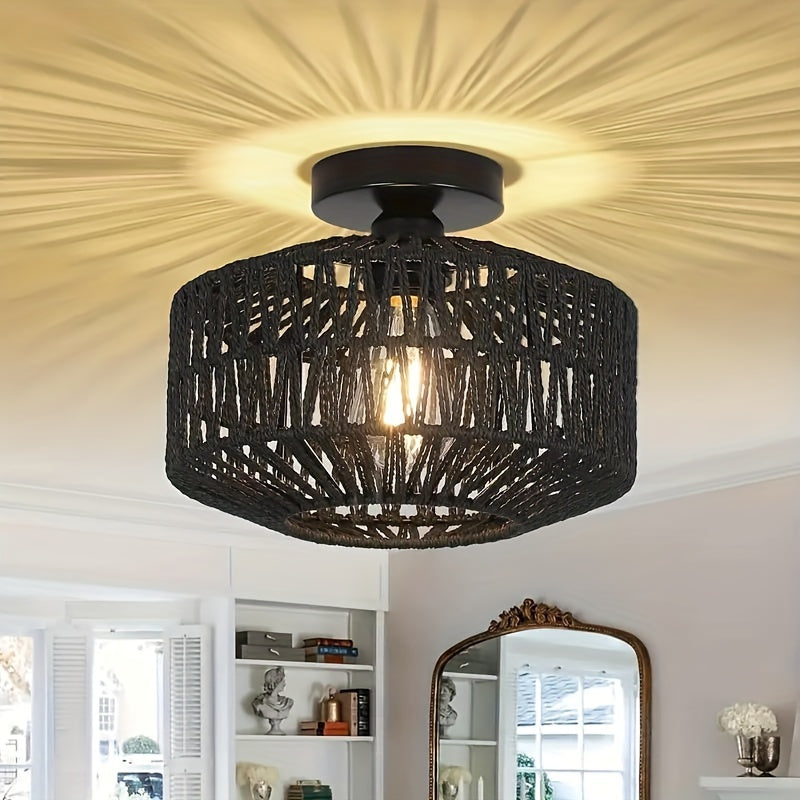 RattanGlow Plafondlamp – Bohemian Semi-Flushmount met Handgeweven Rotan Scherm
