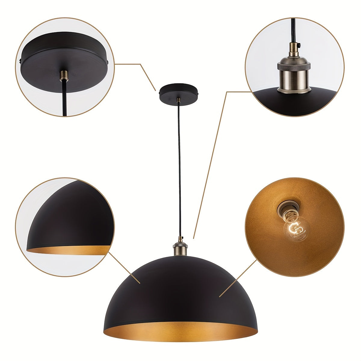 Industriële koepelkroonluchter – zwart-gouden hanglamp van gietijzer met lange snoer voor keuken, hal en bar