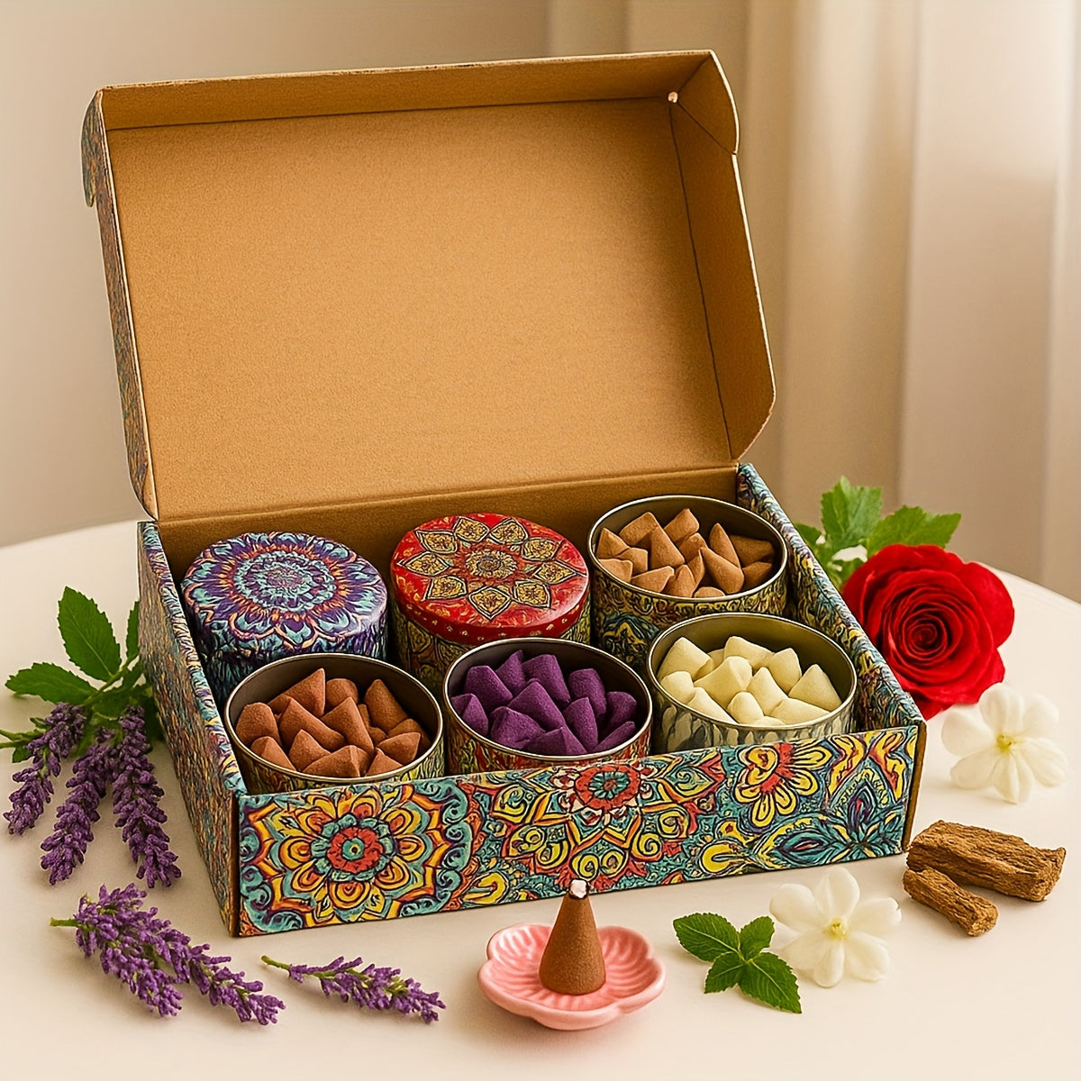 Wierookkegel Geschenkset – 4 Geuren in Decoratieve Pot voor Ontspanning & Luchtzuivering