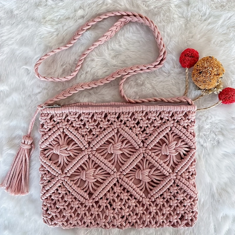 Boho Handgeweven Schoudertas – Zomerse Geometrische Tote