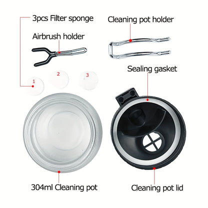 Airbrushreinigingspot met 11-delige reinigingsset – glas, filterdeksel en precisiegereedschap voor spuitpistoolonderhoud