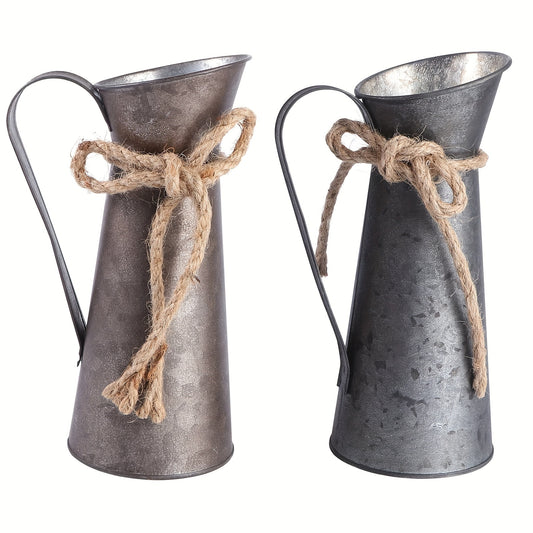 Vintage metalen pichervazen – set van 2 gegalvaniseerde vazen met handvatten voor droogbloemen en landelijke decoratie