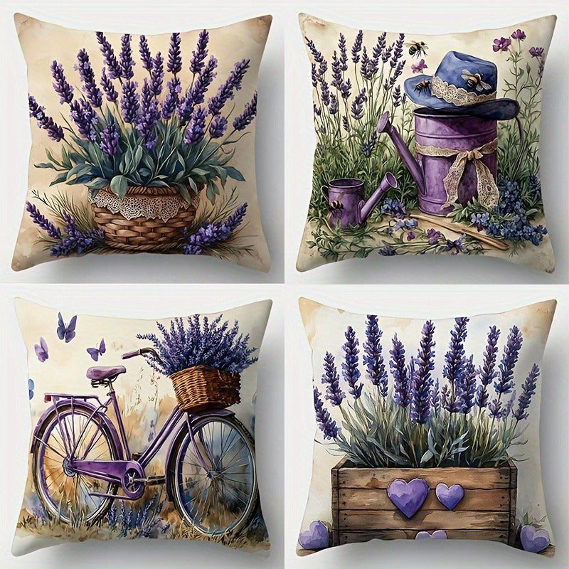 Set van 4 Lavendel Kussenhoezen met Retro Fietsontwerp
