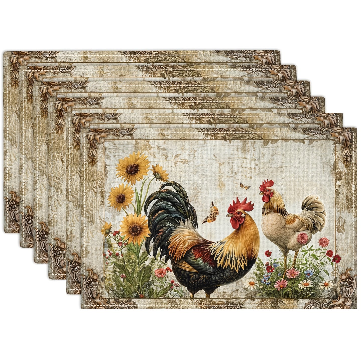 Boerderij Placemats Set – Kippen & Bloemen – Wasbaar