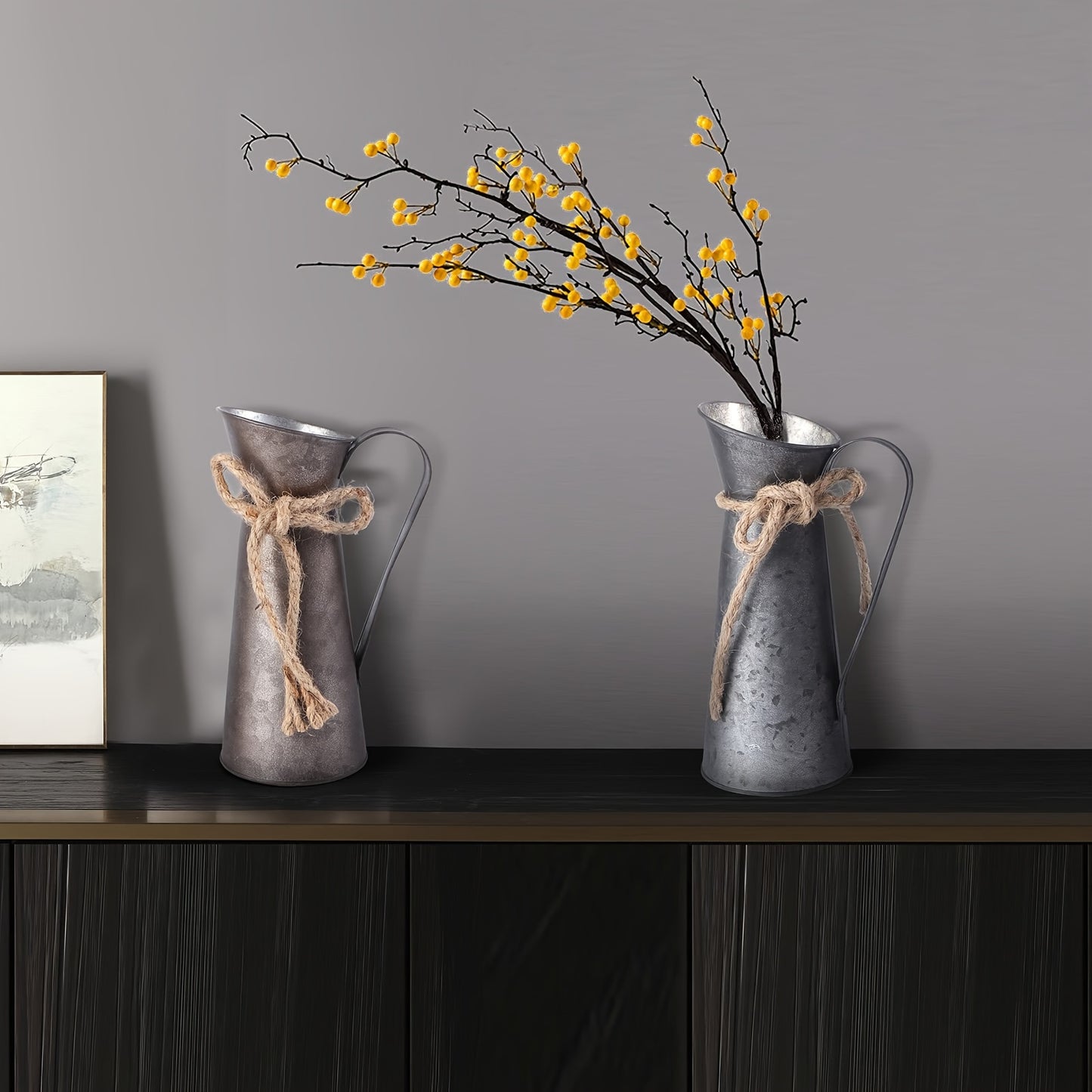 Vintage metalen pichervazen – set van 2 gegalvaniseerde vazen met handvatten voor droogbloemen en landelijke decoratie