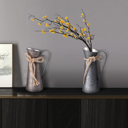 Vintage metalen pichervazen – set van 2 gegalvaniseerde vazen met handvatten voor droogbloemen en landelijke decoratie