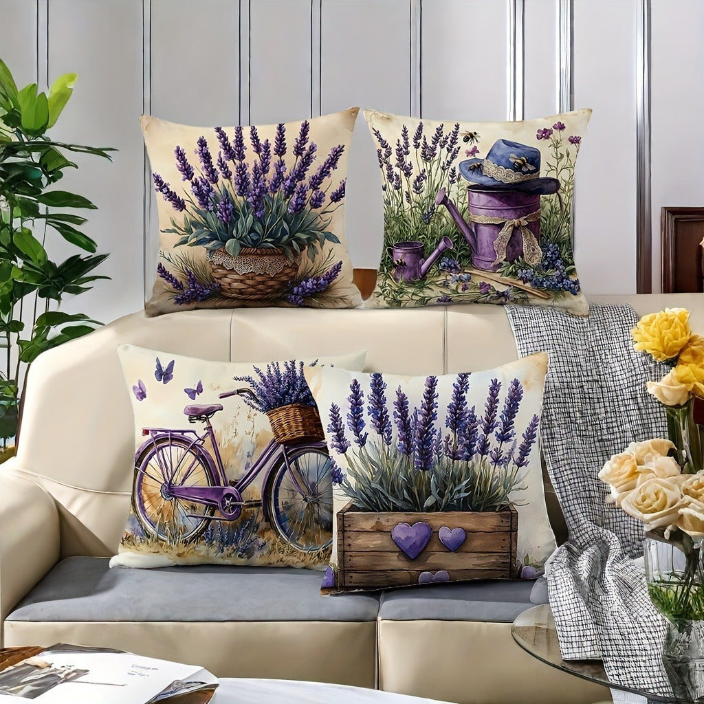 Set van 4 Lavendel Kussenhoezen met Retro Fietsontwerp