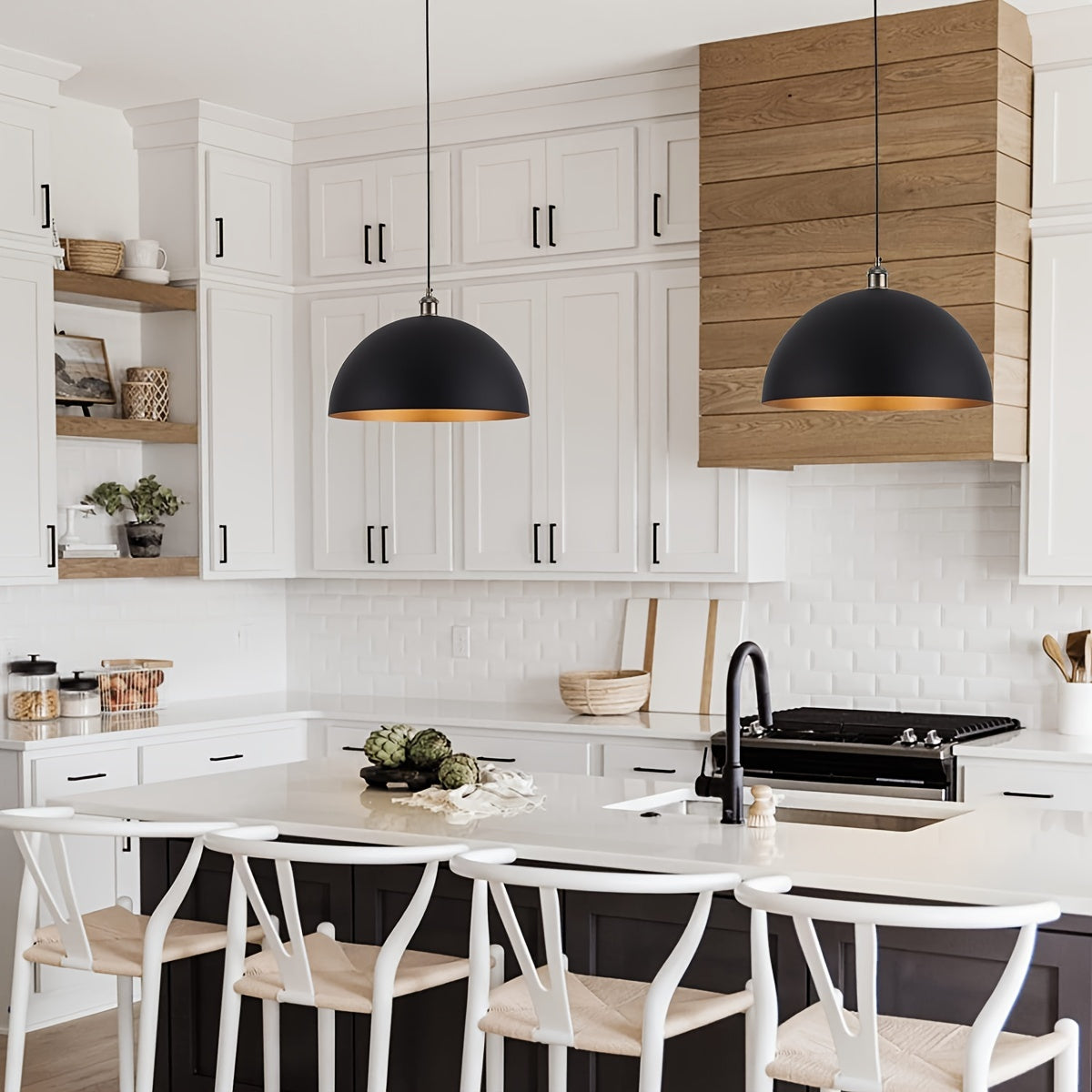 Industriële koepelkroonluchter – zwart-gouden hanglamp van gietijzer met lange snoer voor keuken, hal en bar