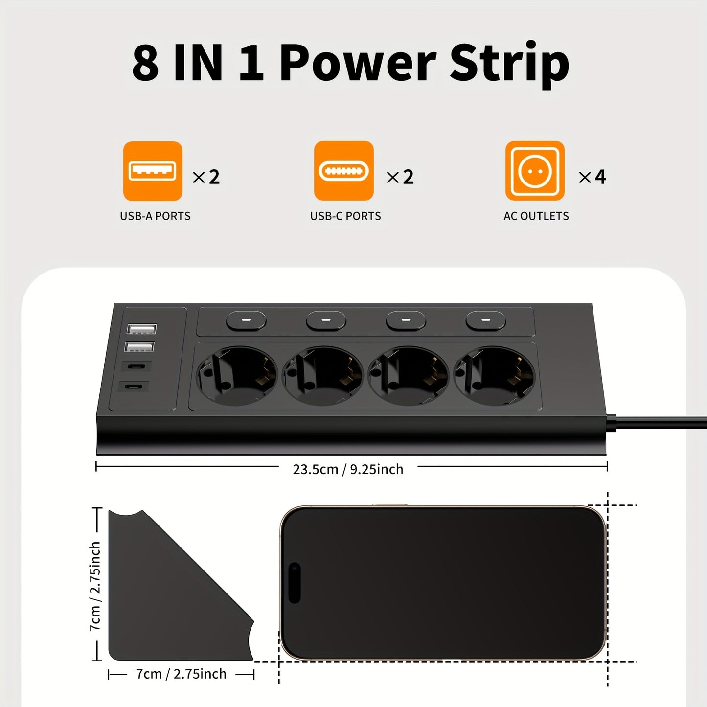 8‑in‑1 EU Stekkerdoos met USB & Type‑C