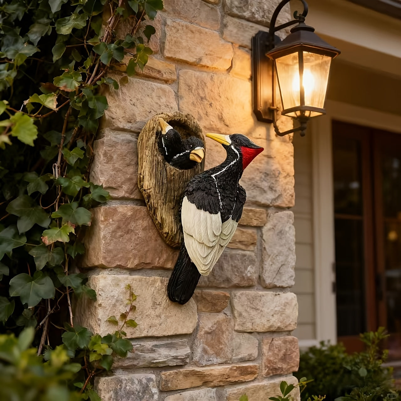 WoodpeckNest Sculptuur – Realistische Specht Vogelbeeld voor Tuin & Veranda