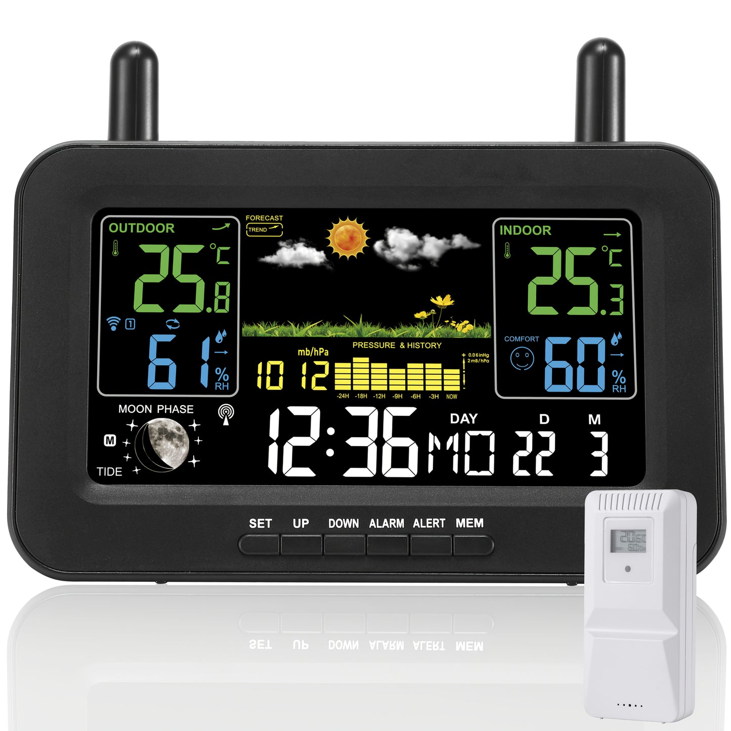 WFV Multifunctionele Atoomklok – Kleurenscherm met Kalender, Weersvoorspelling & USB-oplaadfunctie