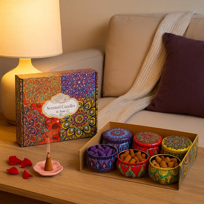 Wierookkegel Geschenkset – 4 Geuren in Decoratieve Pot voor Ontspanning & Luchtzuivering