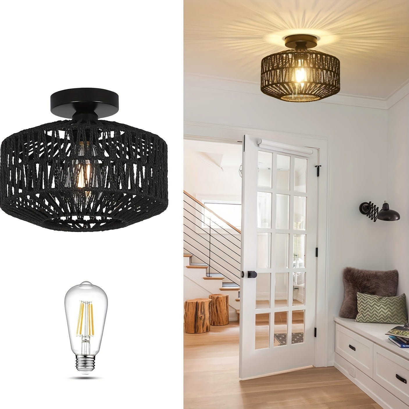 RattanGlow Plafondlamp – Bohemian Semi-Flushmount met Handgeweven Rotan Scherm