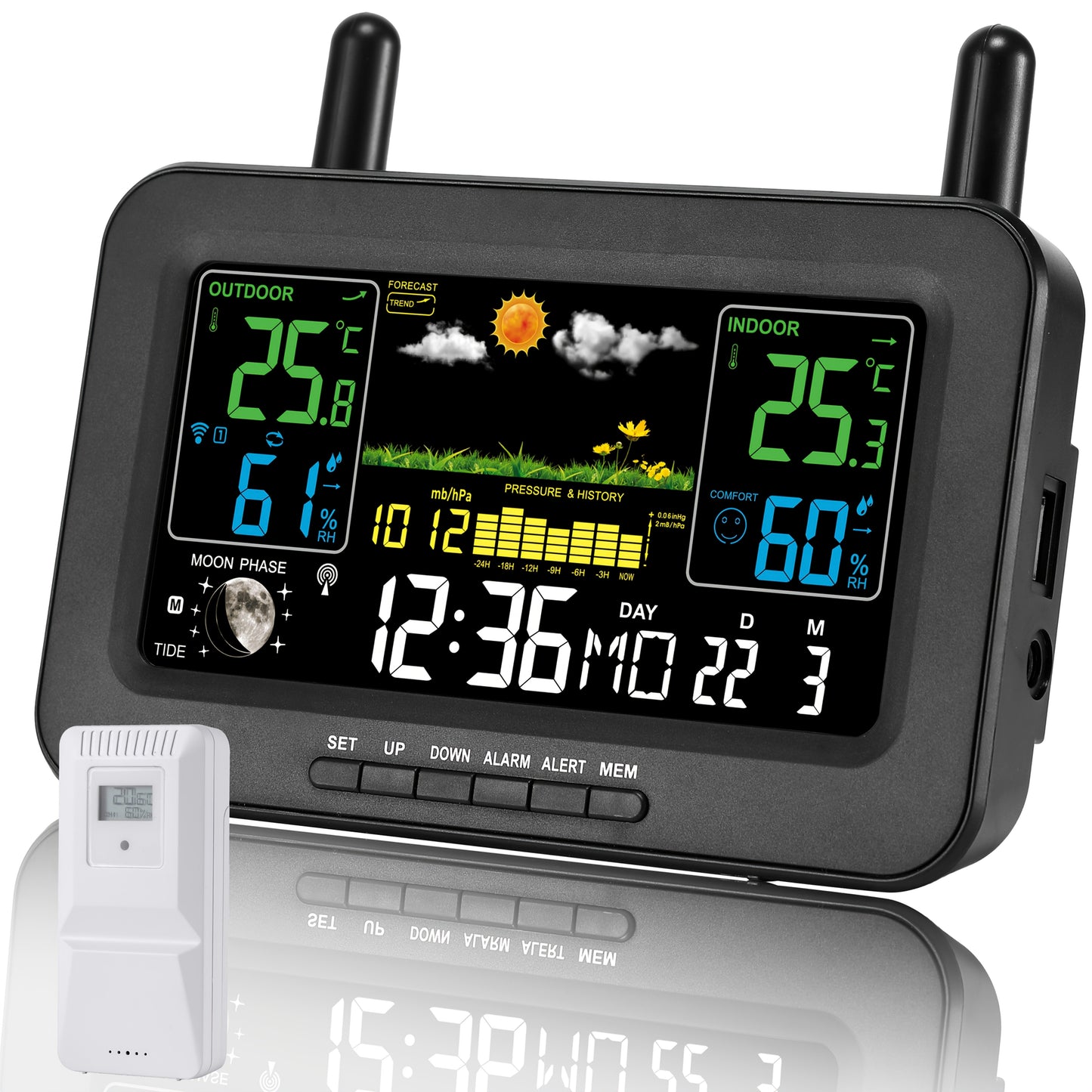 WFV Multifunctionele Atoomklok – Kleurenscherm met Kalender, Weersvoorspelling & USB-oplaadfunctie