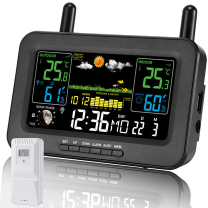 WFV Multifunctionele Atoomklok – Kleurenscherm met Kalender, Weersvoorspelling & USB-oplaadfunctie