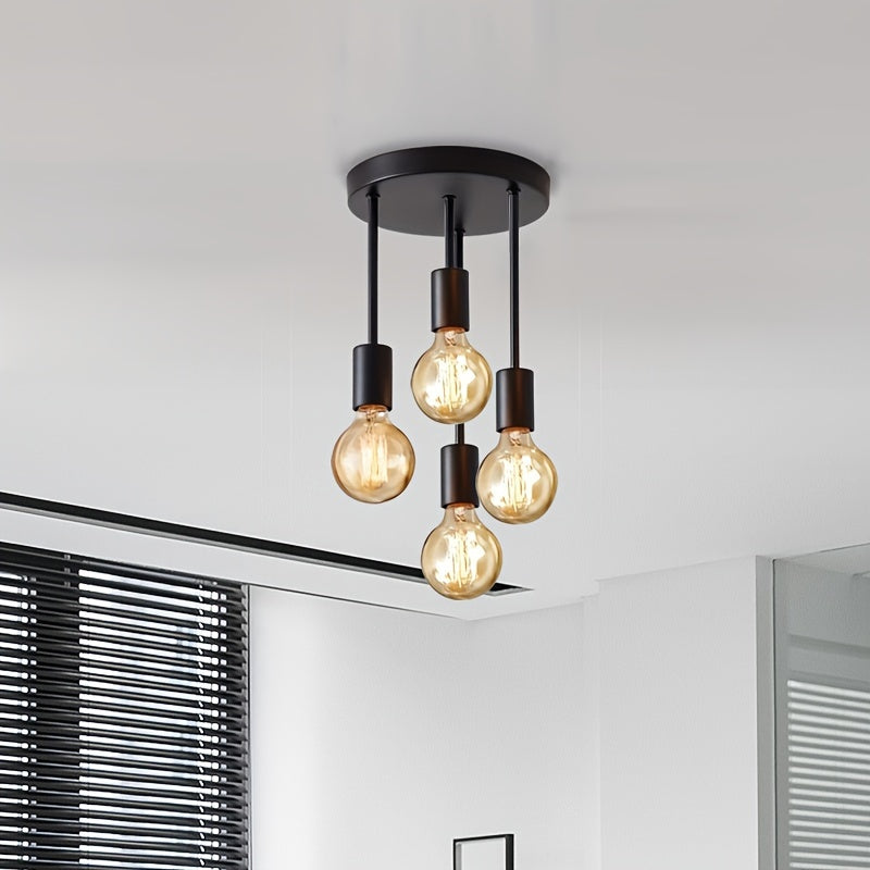 OrbitIron Plafondlamp – Zwart 4-Lampen Hangarmatuur in Satellietstijl