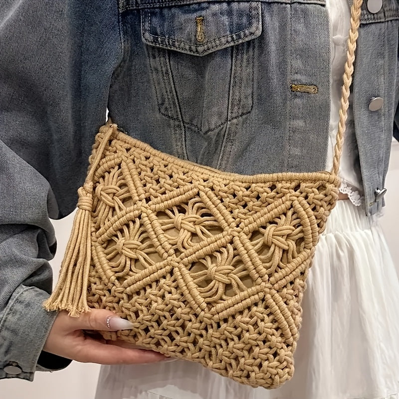 Boho Handgeweven Schoudertas – Zomerse Geometrische Tote