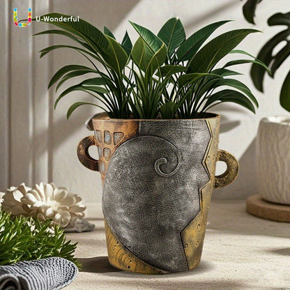 GeoFace Plantenbak – Abstract Gezicht in Retrostijl met Afvoergaten