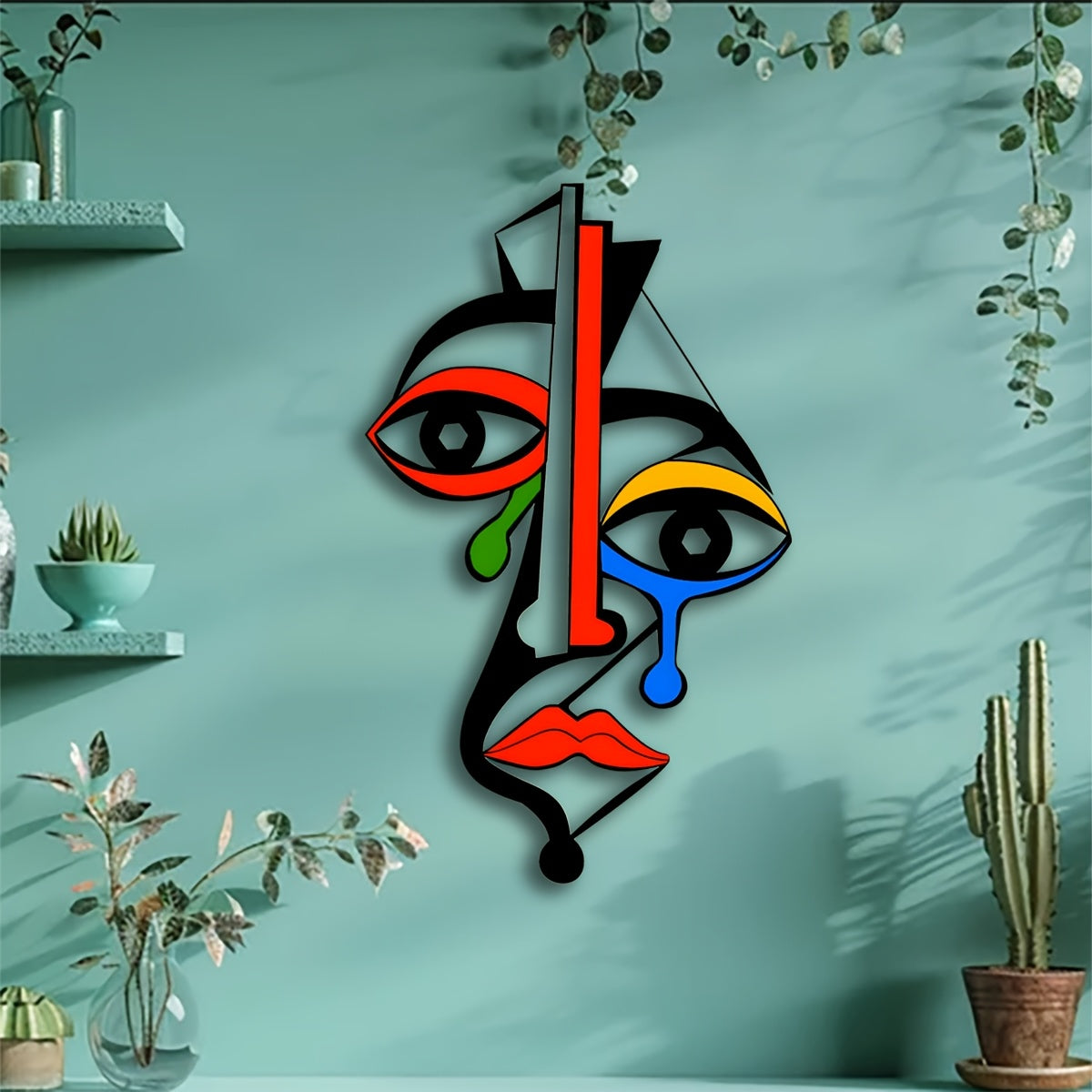 FaceForm Metalen Wandkunst – Picasso-Geïnspireerd Kubusgezicht in Abstracte Kleuren