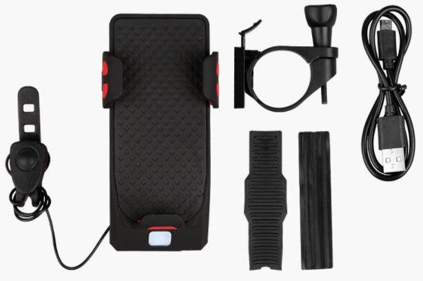 4‑in‑1 Fietsgadget – Telefoonhouder, Powerbank, LED Verlichting en Claxon