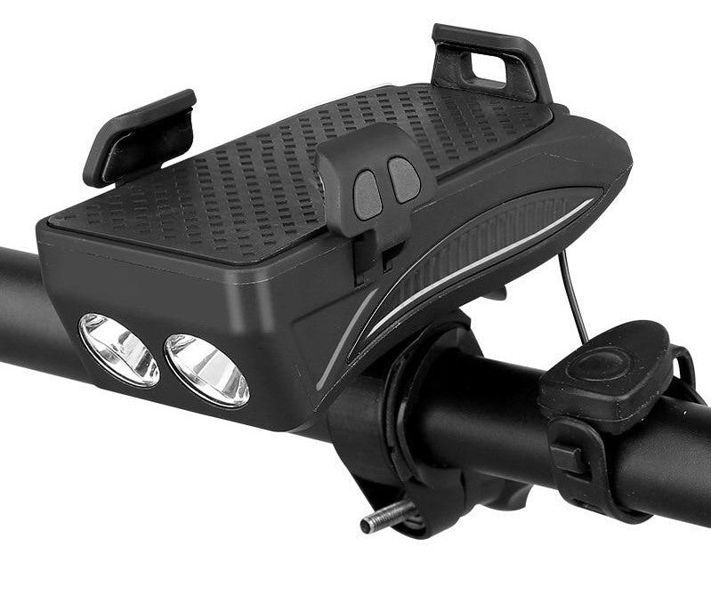 4‑in‑1 Fietsgadget – Telefoonhouder, Powerbank, LED Verlichting en Claxon