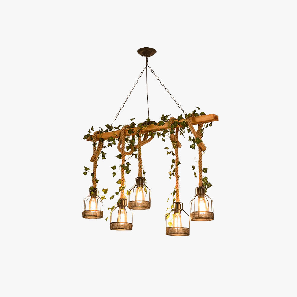 Rustieke Hanglamp met Houten Balk en Metalen Kooikappen