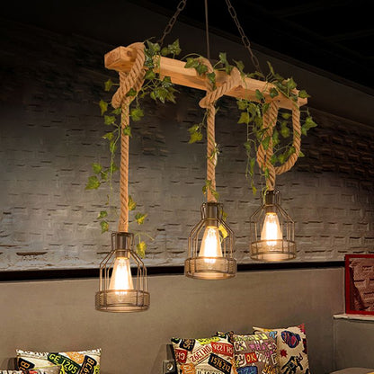 Rustieke Hanglamp met Houten Balk en Metalen Kooikappen