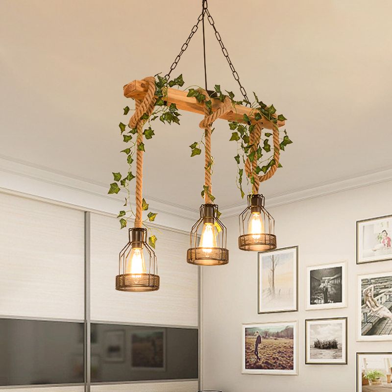 Rustieke Hanglamp met Houten Balk en Metalen Kooikappen