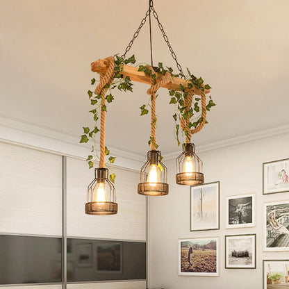 Rustieke Hanglamp met Houten Balk en Metalen Kooikappen