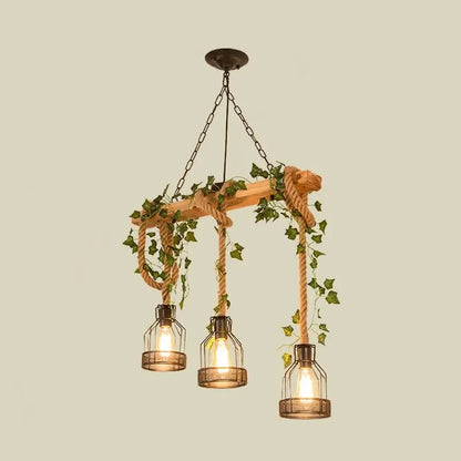 Rustieke Hanglamp met Houten Balk en Metalen Kooikappen