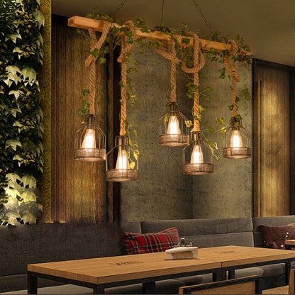 Rustieke Hanglamp met Houten Balk en Metalen Kooikappen