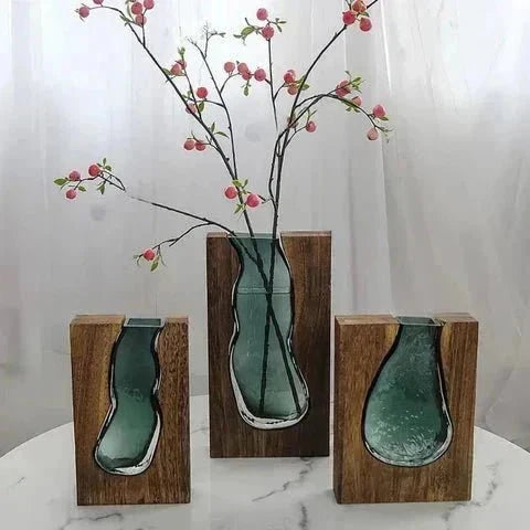 Decoratieve Vaas van Hout en Glas met Uitneembare Glasinzet