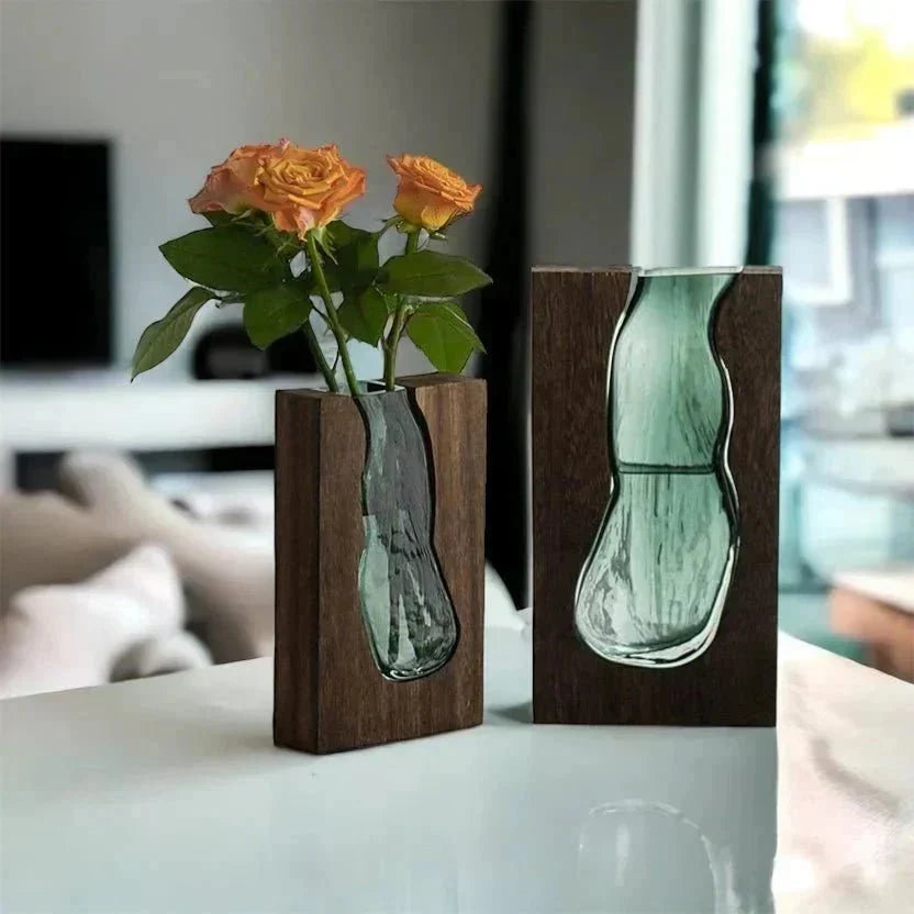 Decoratieve Vaas van Hout en Glas met Uitneembare Glasinzet