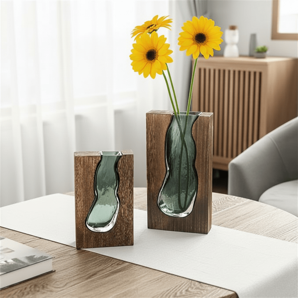 Decoratieve Vaas van Hout en Glas met Uitneembare Glasinzet
