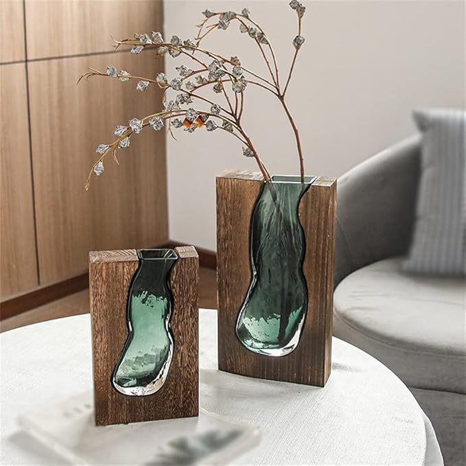 Decoratieve Vaas van Hout en Glas met Uitneembare Glasinzet