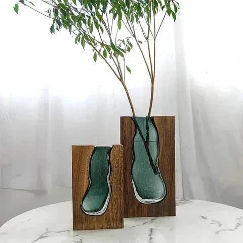 Decoratieve Vaas van Hout en Glas met Uitneembare Glasinzet