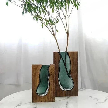 Decoratieve Vaas van Hout en Glas met Uitneembare Glasinzet