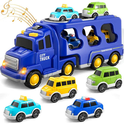 Dubbeldekker Speelgoedvrachtwagen met 4 Mini Voertuigen en Muziek