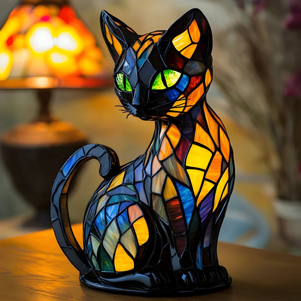 Handgemaakte Glazen Kattenlamp Met Kleurrijke Lichtwissel