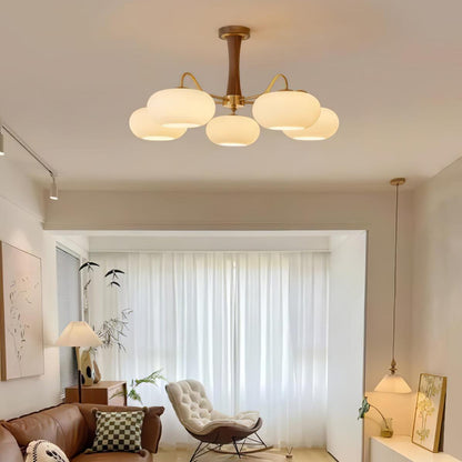 Retro Plafondlamp Met Glazen Kappen En Messing Armen