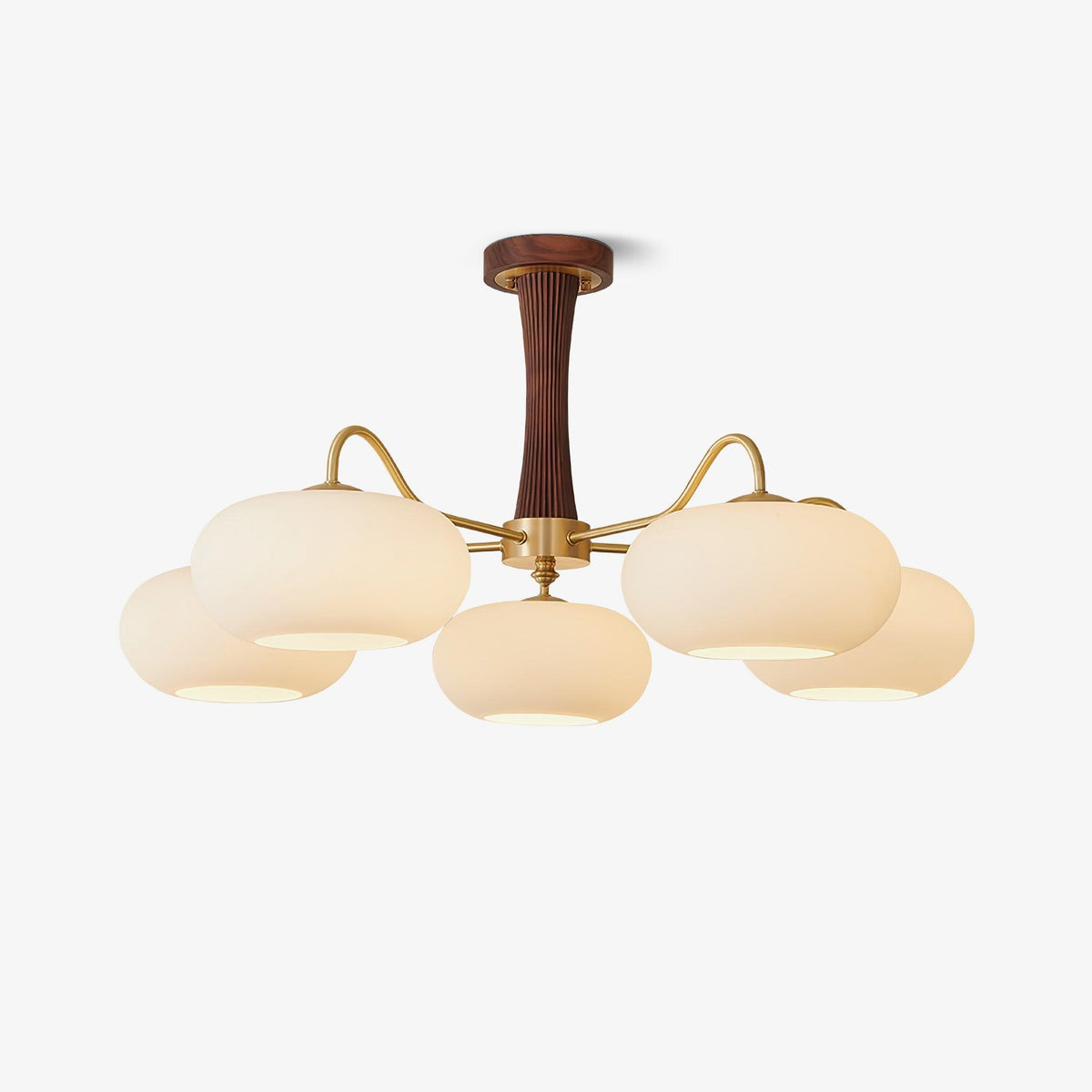 Retro Plafondlamp Met Glazen Kappen En Messing Armen