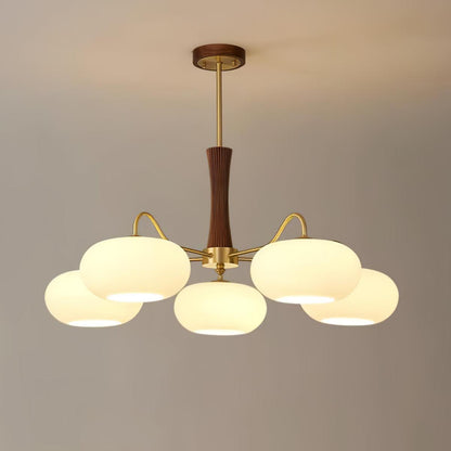 Retro Plafondlamp Met Glazen Kappen En Messing Armen