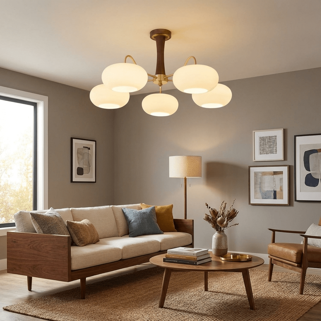 Retro Plafondlamp Met Glazen Kappen En Messing Armen