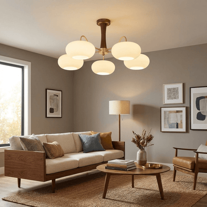 Retro Plafondlamp Met Glazen Kappen En Messing Armen