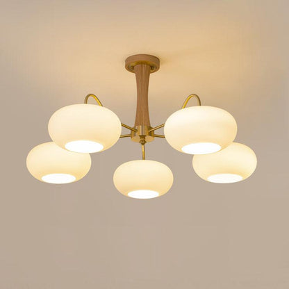Retro Plafondlamp Met Glazen Kappen En Messing Armen