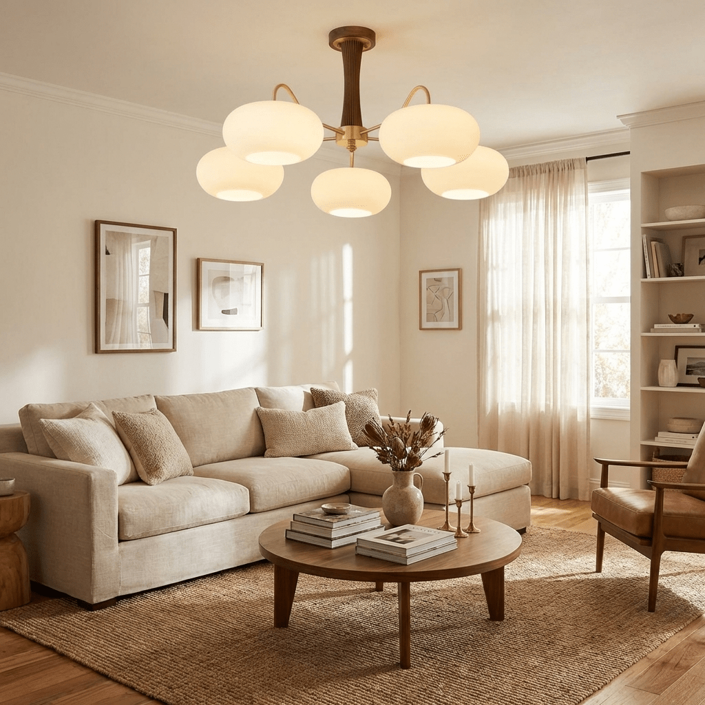 Retro Plafondlamp Met Glazen Kappen En Messing Armen