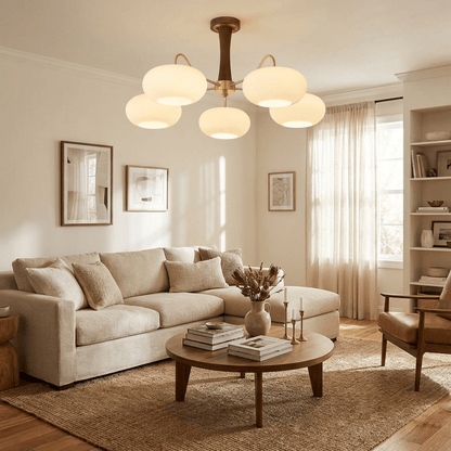 Retro Plafondlamp Met Glazen Kappen En Messing Armen