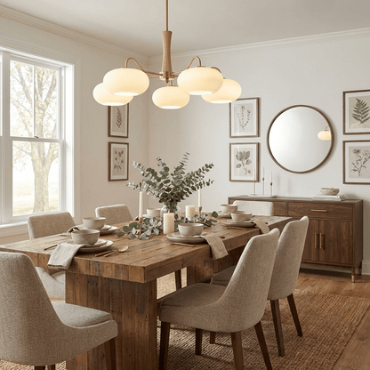 Retro Plafondlamp Met Glazen Kappen En Messing Armen